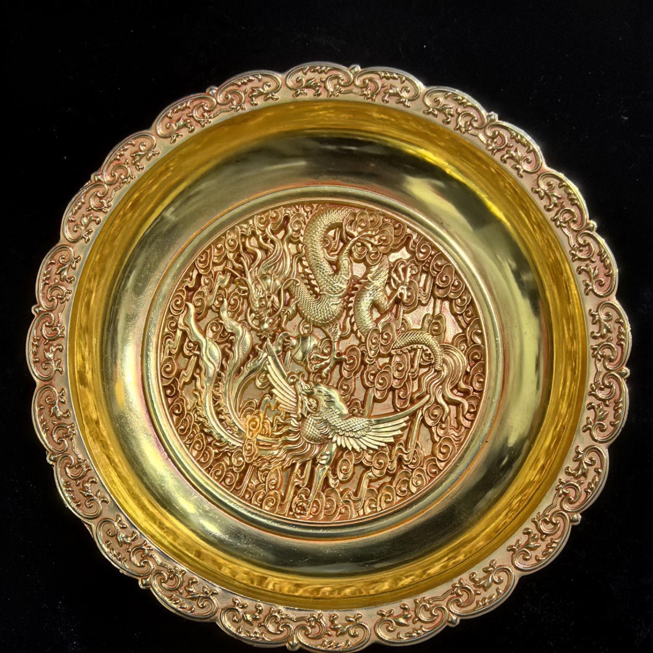Antique Pure Copper Gilt Dragon and Phoenix Plates and Dishes Home Furnishings Antique Collection
