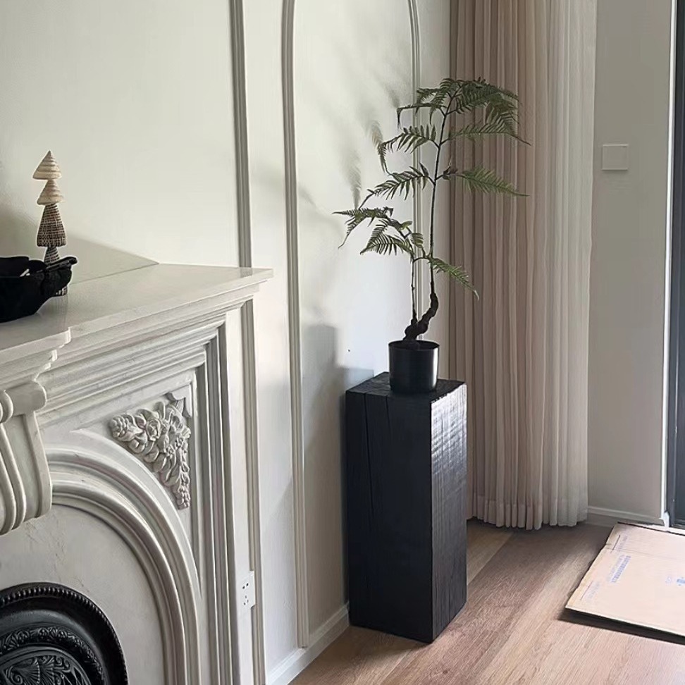 Табурет из карбонизированного дерева, черный, низкий, подставка для цветов, массивная деревянная основа