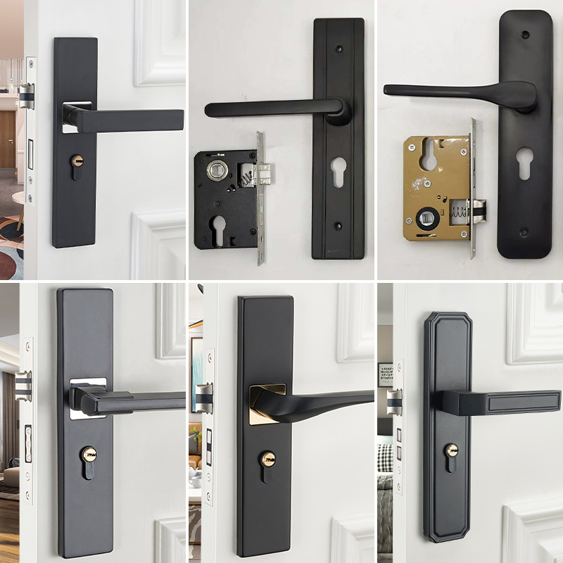 Factory supply indoor bedroom door black solid wood door handle household silent aluminum alloy lock door lock