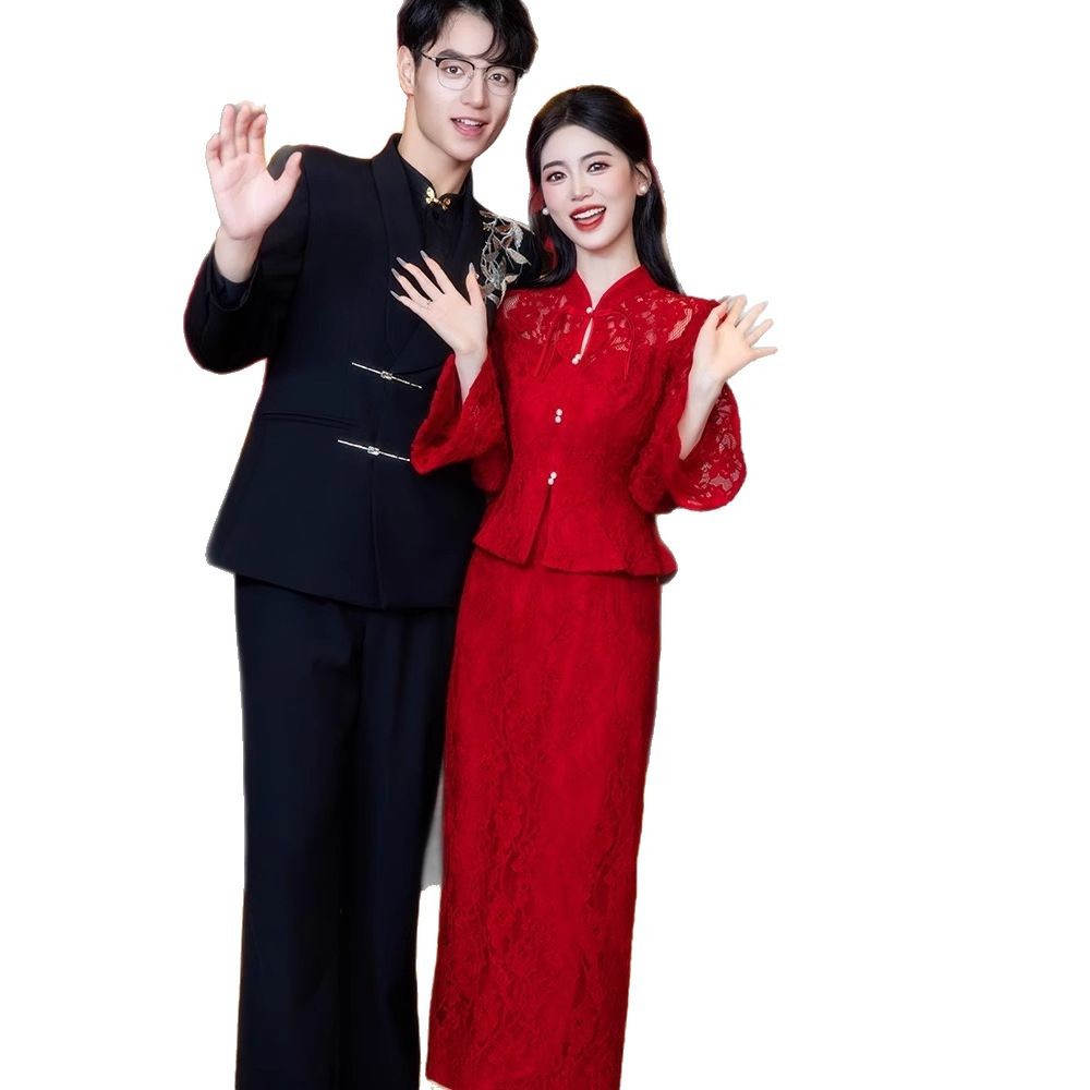 Cheongsam Toast Dress Bride Red Engagement Dress Dress New Chinoiserie Wedding Dress Suit Long-Sleeved Dress for Women