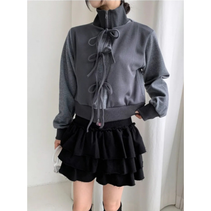 fleece-lined autumn and winter! South Korea Sweet Bow Strap Lace-up Color-matching Collar Short Jacket Sweatshirt Thickened Japanese Style