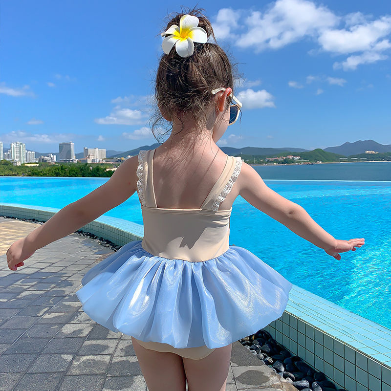 Girls' 2025 New Summer One-Piece Swimsuit, Cute and Stylish, Baby Girl, Small and Medium-Sized Lace Princess Style Swimsuit, Trendy