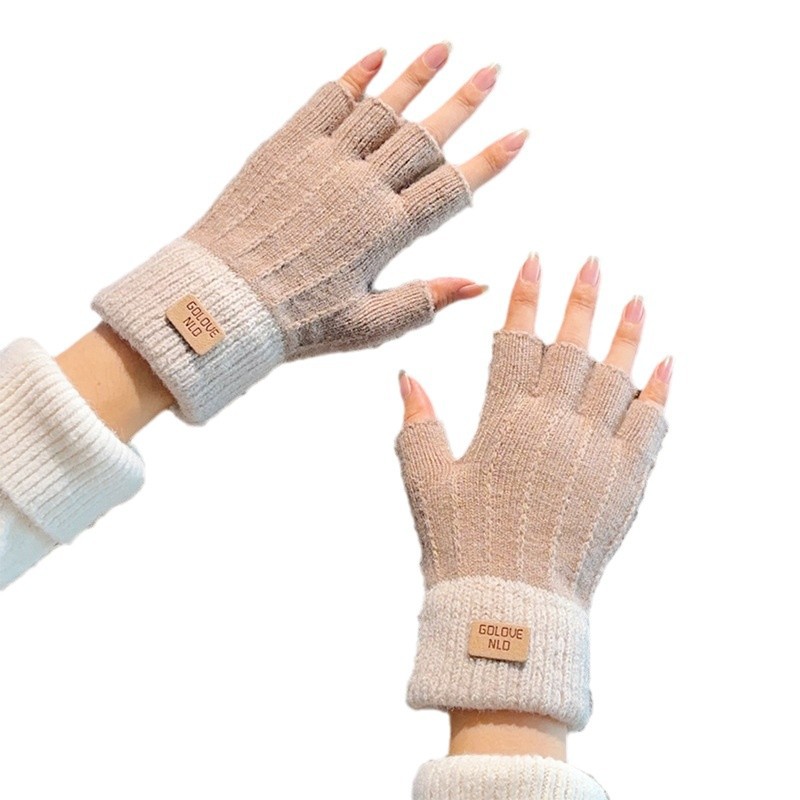 Winter Student Half-Finger Gloves Wool Knitted fleece-lined Touch Screen Writing Non-Slip Open-Finger Warm Gloves for Cycling