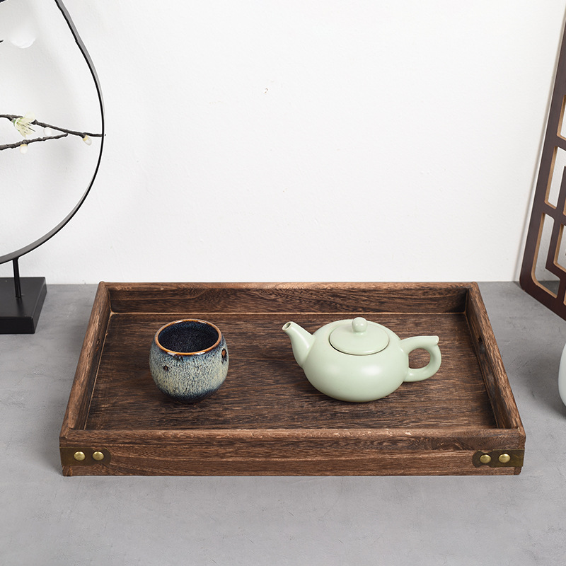Wooden Tray Rectangular Burnt Paulownia Wood Tea Tray Is Solid Wood Household Tableware Japanese Water Cup Wooden Plate Tea Set Wholesale
