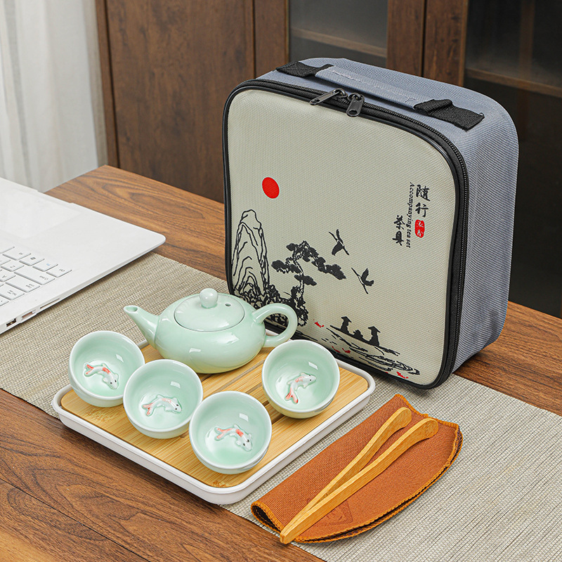 Factory Direct Celadon Carp Outdoor Travel Kung Fu Tea Set suit Household Simple Business Activities Accompanying Ceremony