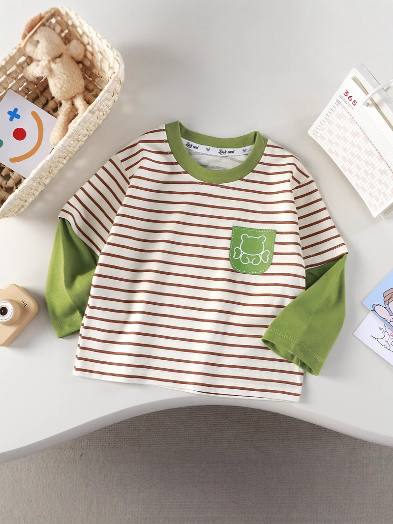 2025 New Kidsren's T-Shirt Pure Cotton Boys' Tops Long-Sleeved Single-Piece Baby Girl's Category a Pure Cotton Clothes Cartoon Trendy Kidsren