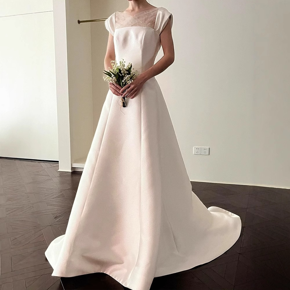 Korean Style White Light Wedding Dress 2025 New Simple Satin Small Tail Out Yarn Birthday Banquet Evening Dress