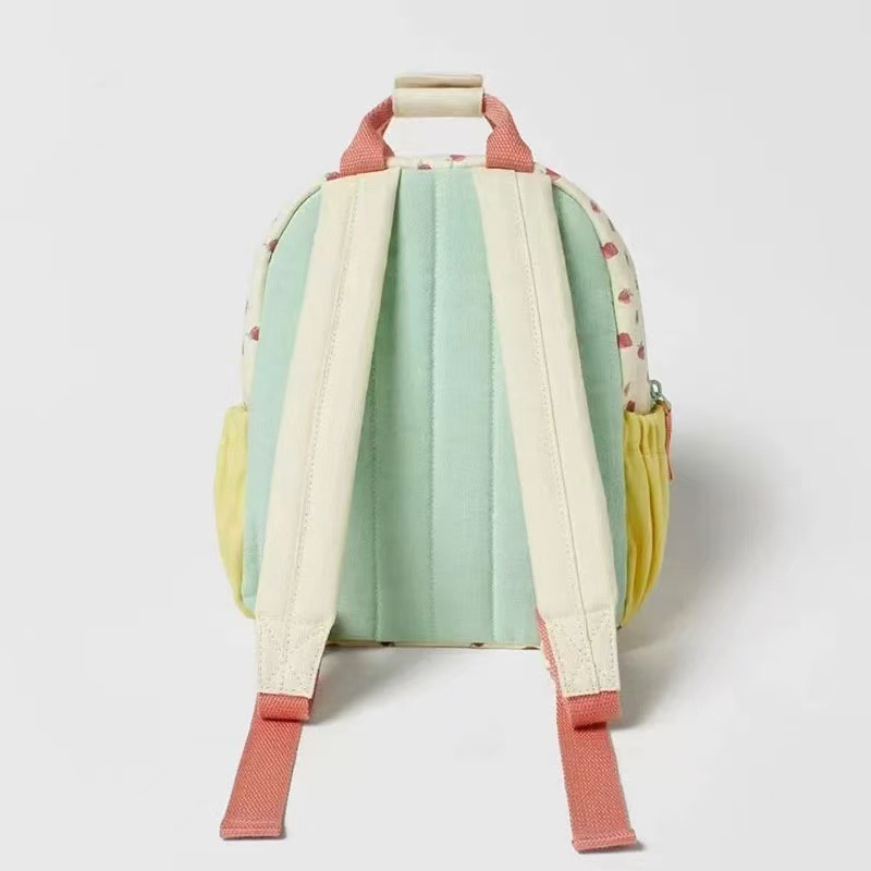 New Cotton Canvas Dopamine Strawberry Print Colorblock Cute Children Backpack Schoolbag