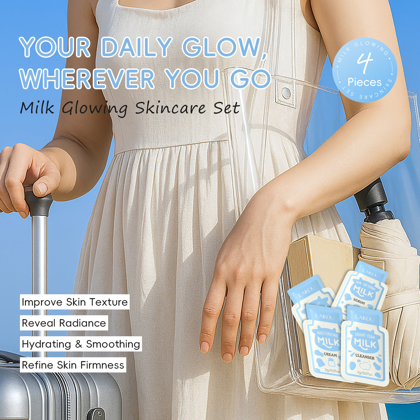 Cross-Border Laikou New Product Milk 4 Packs (Facial Cleanser + Eye Cream + Essence + Moisturizing Cream) 2ml Export