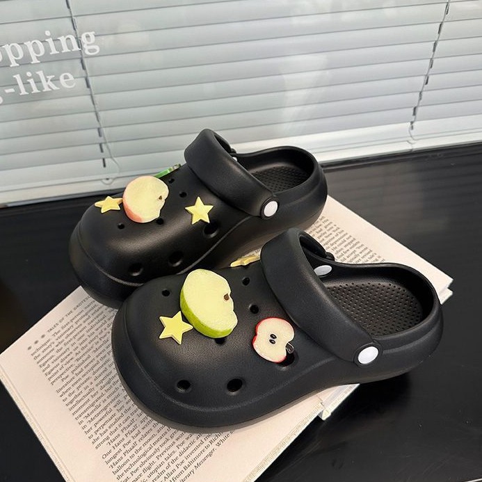 Cute Apple Cartoon Thick-Soled Clogs for Women, Fashionable Outdoor Wear, Breathable Soft Sole Closed-Toe Sandals for Summer 2025