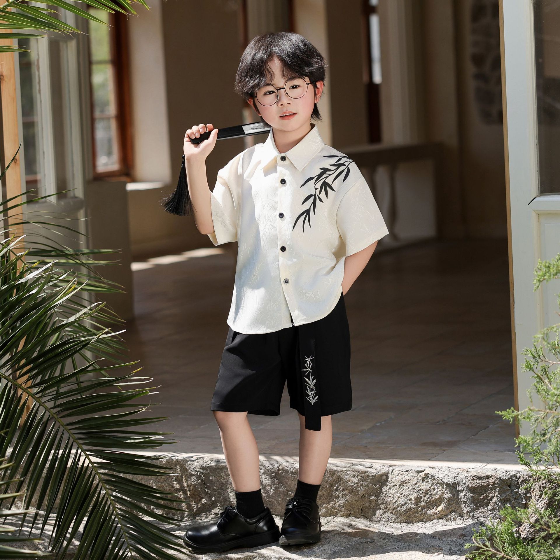 Chinese Style Boys' Jacquard Short-sleeved Shirt Children's Shirt Handsome Dress suit Inner Suit Children's Wear Performance Clothes