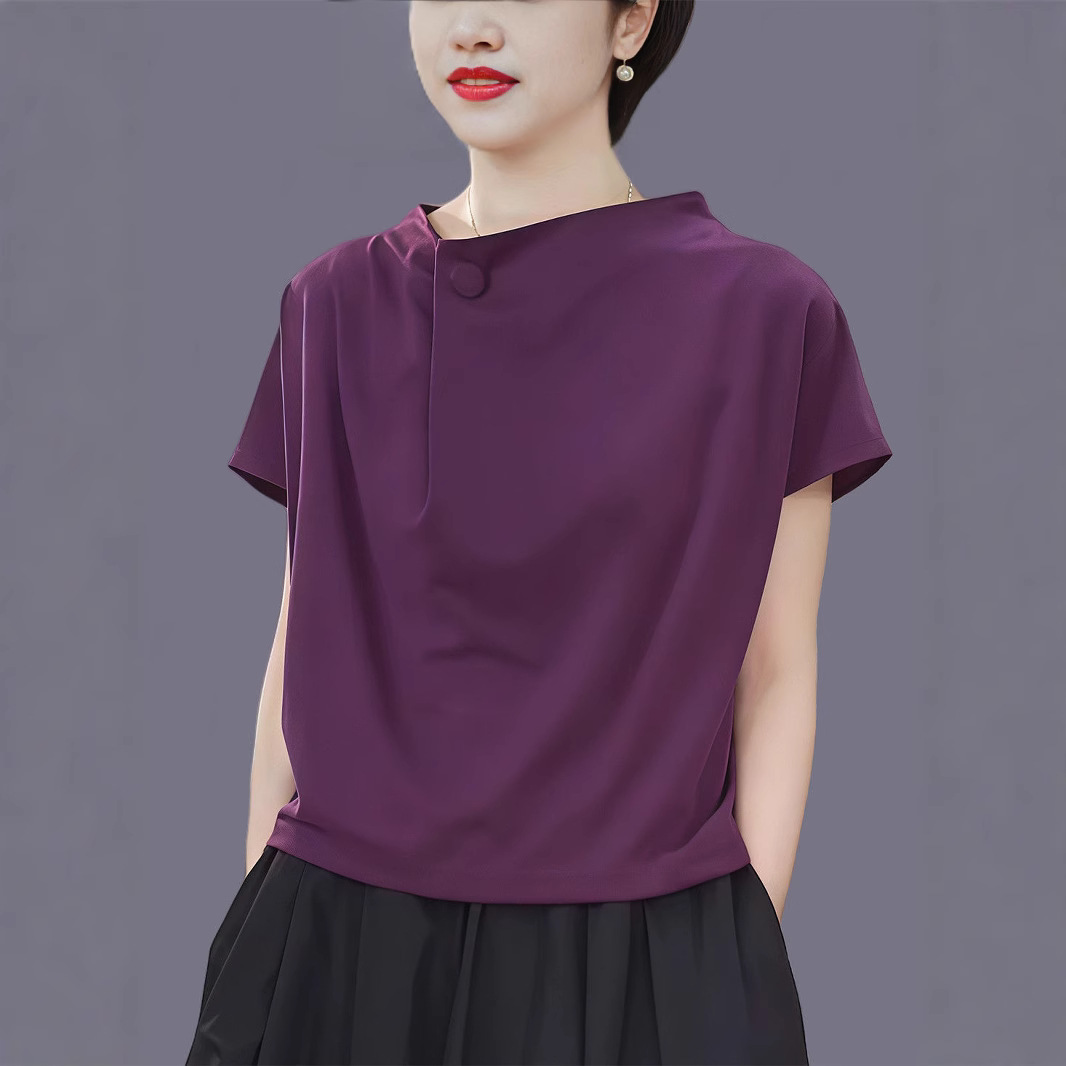 Authentic High-End Summer Solid Color Sweatshirt, Large Size Loose Pullover Top, Middle-Aged Women's Age-Reducing Design Bottoming Shirt