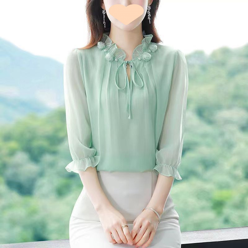 High-End Three-Quarter Sleeve Women's Shirt 2025 Spring and Summer New Pure Color Foreign Style Shirt to Cover the Flesh and Reduce Age Thin Women's Top