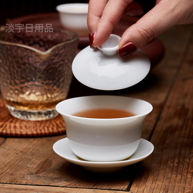 Wholesale White Porcelain Sancai Bowl Ercai Kung Fu Tea Set Large, Medium and Small Pure White Household Tea Bowl Ceramic Tea Cup
