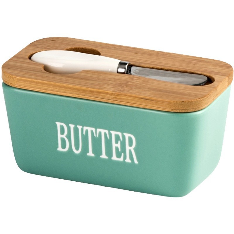 Ceramic Butter Box Rectangular Butter Sealed Box Butter Cutting Refrigerator Box Cheese Storage Box with Wooden Lid Cross Border