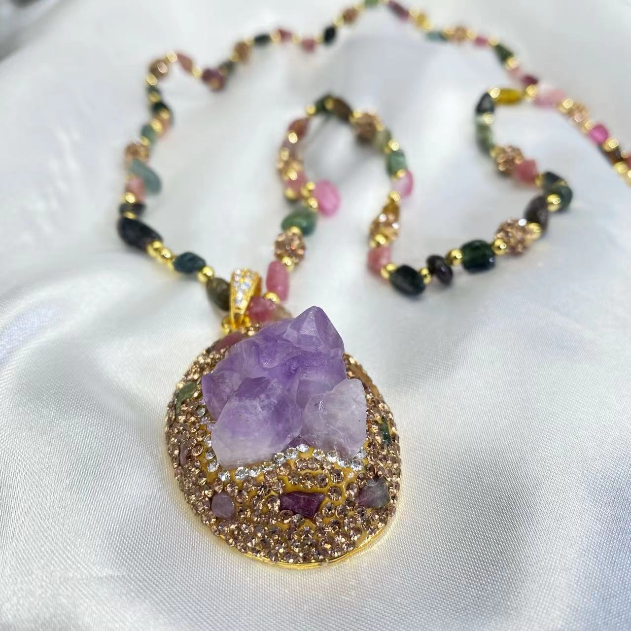 Natural Purple Ore Crystal Tourmaline Necklace Women's Design Niche Light Luxury Clavicle Chain Factory Direct Wholesale