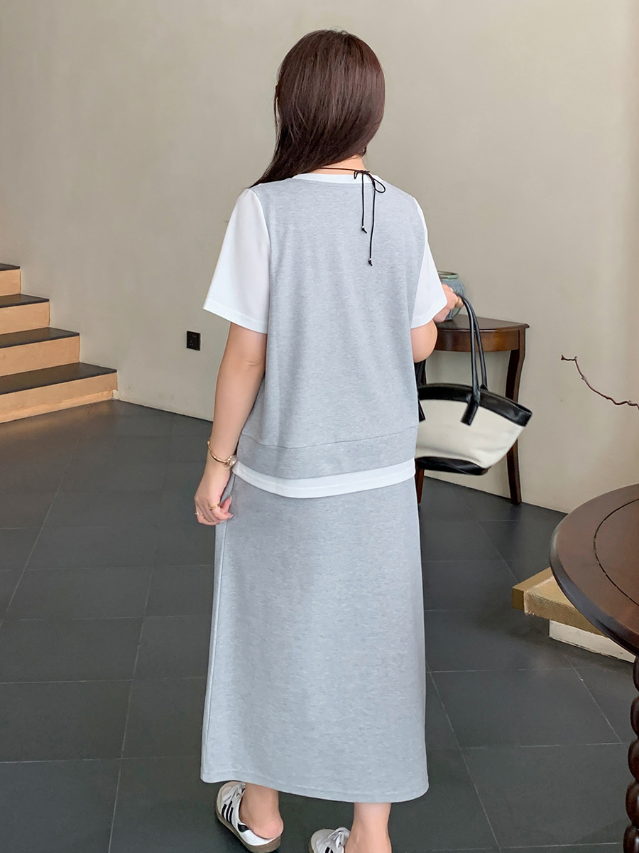 Korean Preppy Style Casual Street Two-Piece Summer Fake Two-Piece Vest T-Shirt Skirt Suit 281523