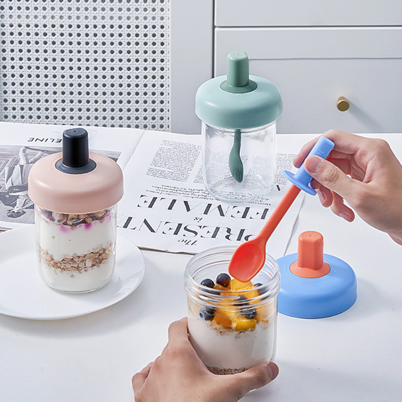 Glass Oatmeal Cup Double Sealed Built-in Silicone Handle Spoon Milk Cup Milkshake Oatmeal Cup Portable Breakfast Cup