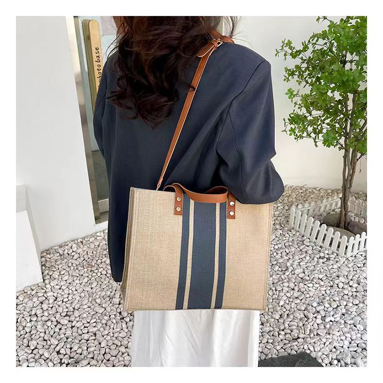 Women's woven handbag briefcase professional commuter striped simple shoulder bag large capacity linen messenger bag