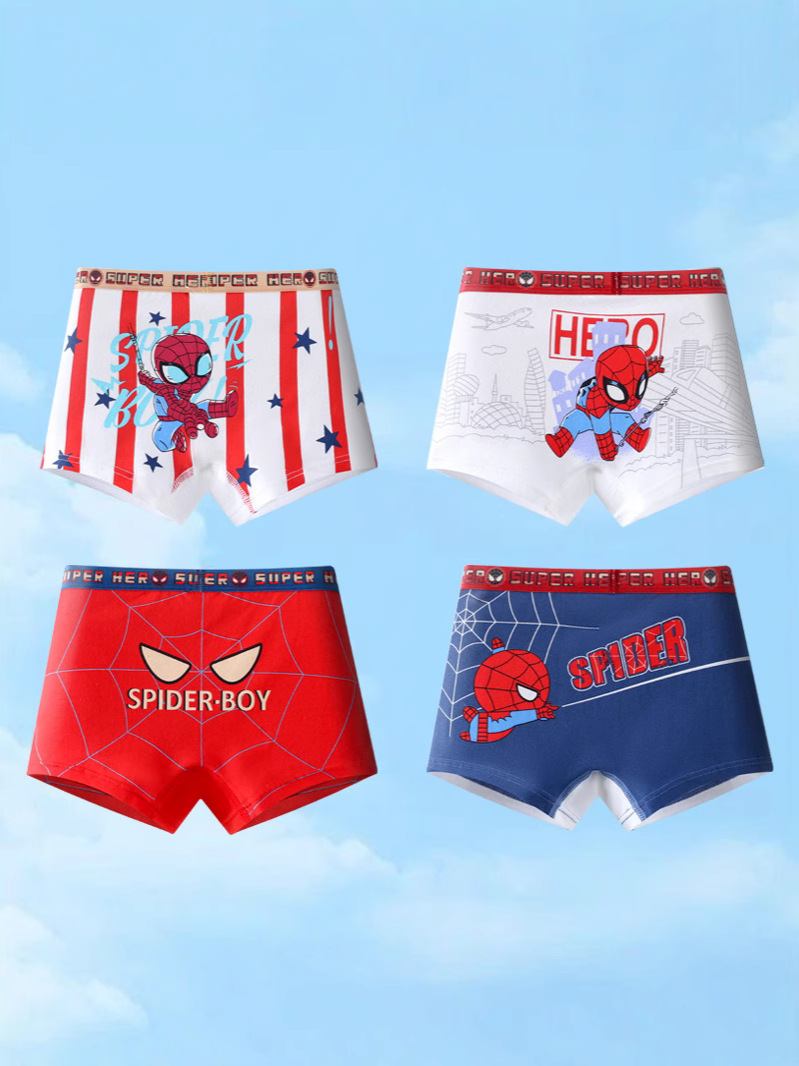 Boys' Cartoon Class A Pure Cotton Small and Medium-sized Children's Spider-Man Children's Underwear Boxer Shorts Four Corners Without PP Bacteriostasis