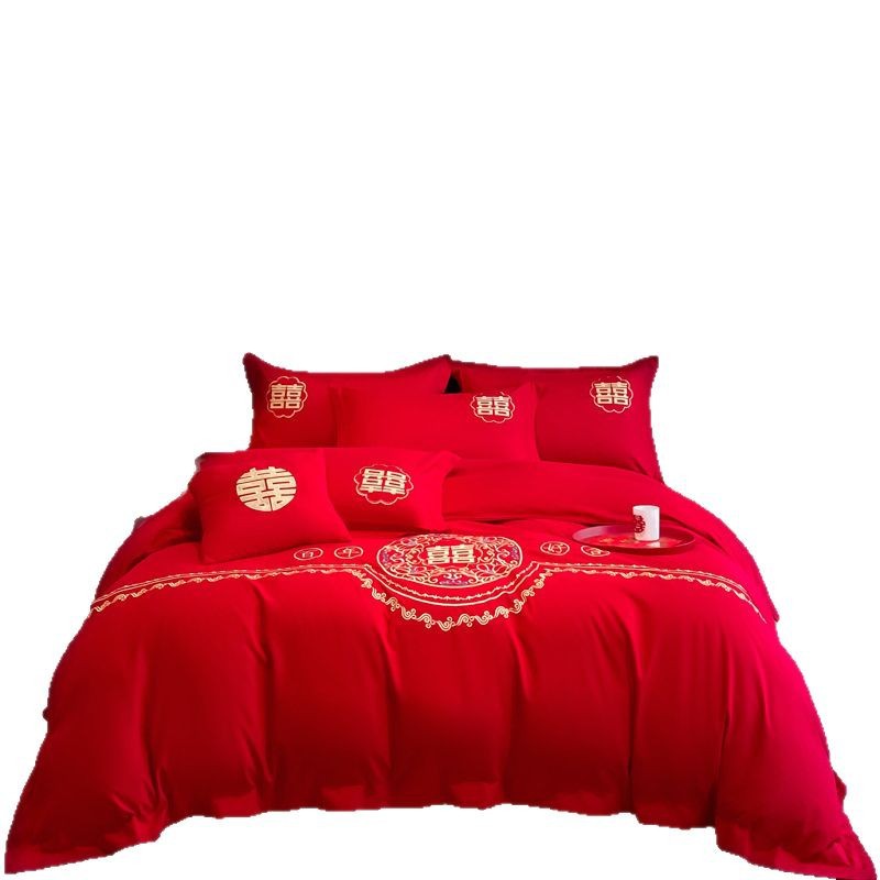 Bedding Simple Wedding Brushed Four-Piece Set Wedding Bright Red Dowry Bedding Light Luxury Embroidery Set Manufacturer Wholesale