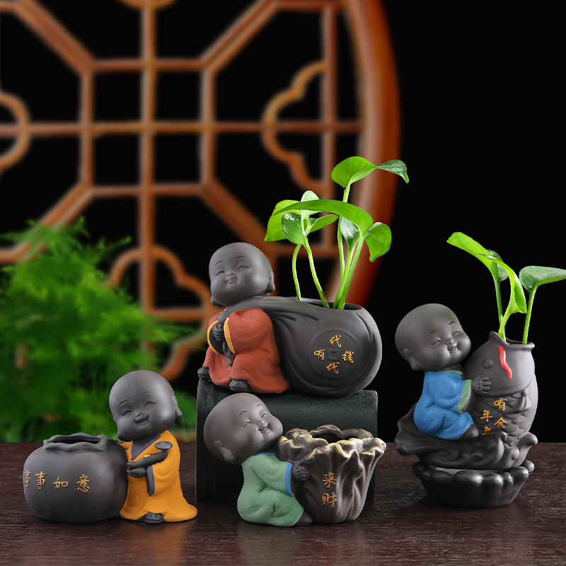 Rui Jie Cute Purple Sand Little Monk Flower Ware Tea Pet Ornaments Water Raising Flower Insert Tea Table Tea Set Office Desktop Hydroponic