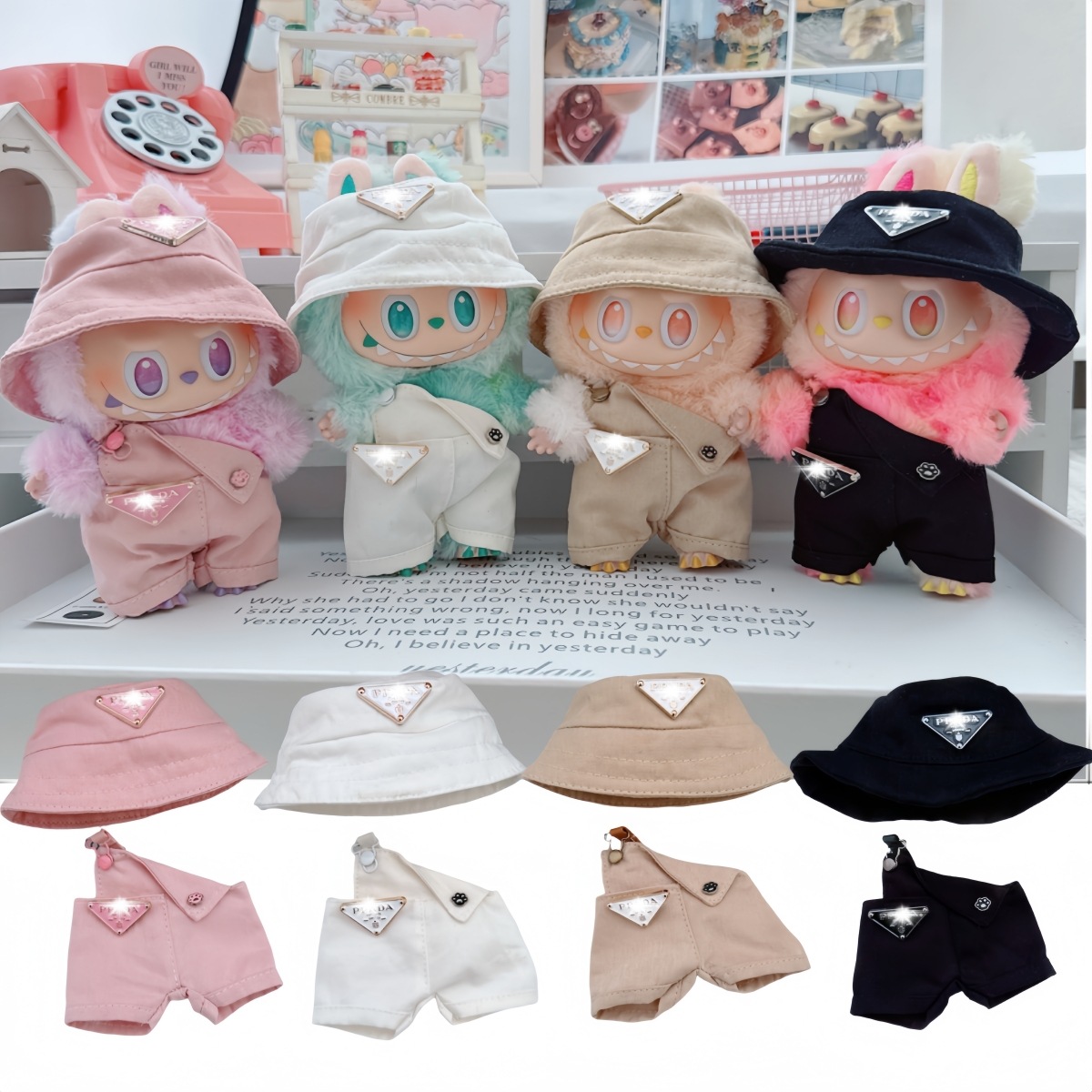 17cm Labubu Baby Clothes 10cm Cotton Doll Lulu Pig Baby Three-Year-Old Triangle Overalls Fisherman Hat