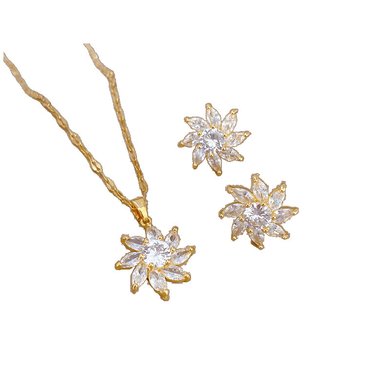 [Titanium Steel] Micro-Encrusted Necklace Earring Set Light Luxury Rotating Flower Personalized Temperament Banquet Earrings Necklace Set