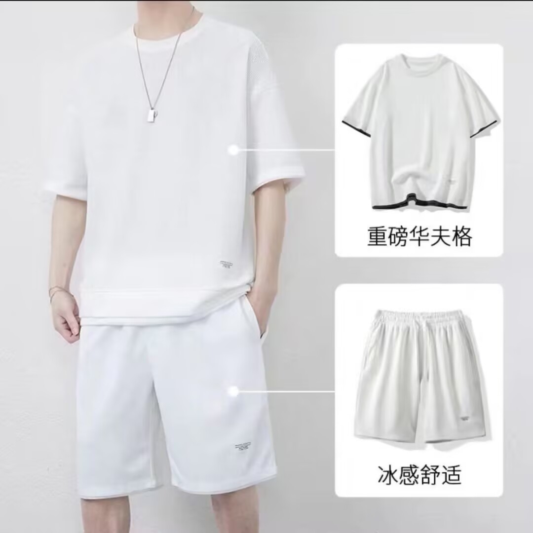 Waffles shorts suit men's summer ice silk short sleeve men's clothing set with handsome fashion brand leisure sportswear