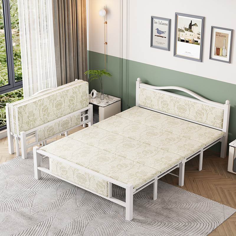 Foldable Bed for Single Person Lunch Break, Small Apartment, Double Bed, Simple Iron Frame Bed, Wooden Bed 1.35m