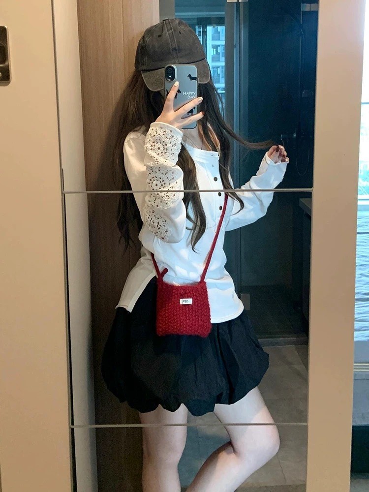 Korean-style Japanese-style sweet cool niche design hemming hollow sleeve lace stitching lace sunscreen polo shirt direct sales