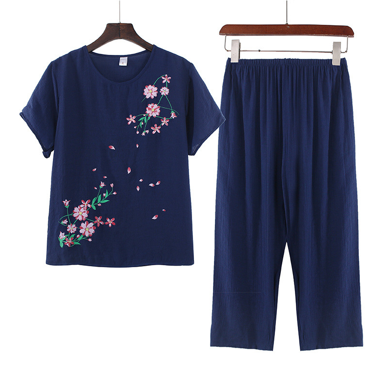 Middle-aged and elderly summer cotton linen short-sleeved mother plus size comfortable loose two-piece suit top pants can be worn outside