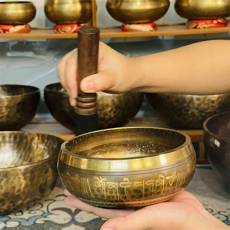 Nepalese Handmade Bronze Chimes and Vajra Pestle Buddha's Sound Bowl Meditation Oms Bowl Ornaments for Home Yoga Sound Therapy Psalto Musical Instruments