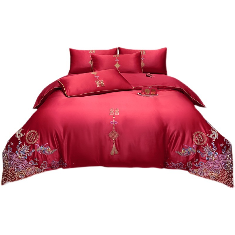 High-end European-style Wedding Four-piece Cotton Big Red Embroidered Sanding Quilt Cover Wedding Bedding Accompanying Wedding Room