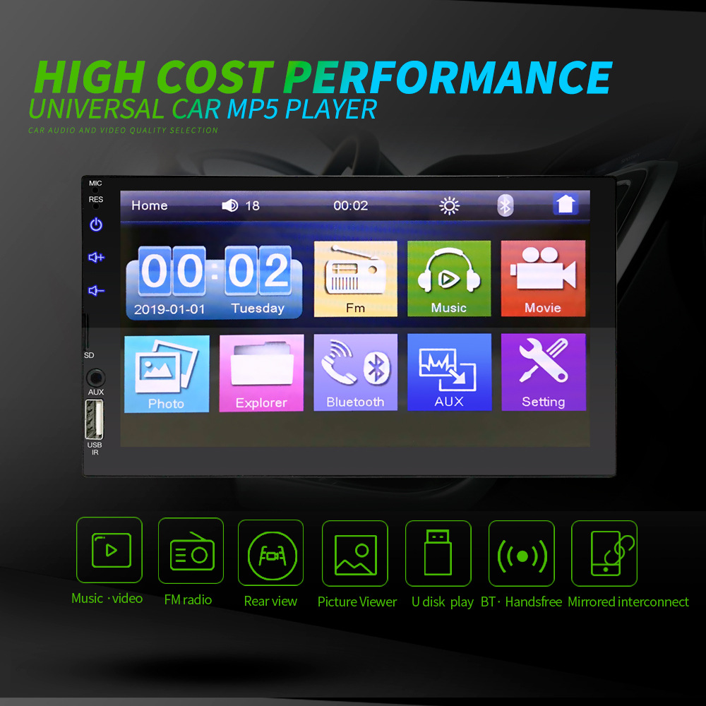 Cross-border Carpaly car mp5 Bluetooth player 7 inch USB reversing Image steering wheel control mobile phone interconnection