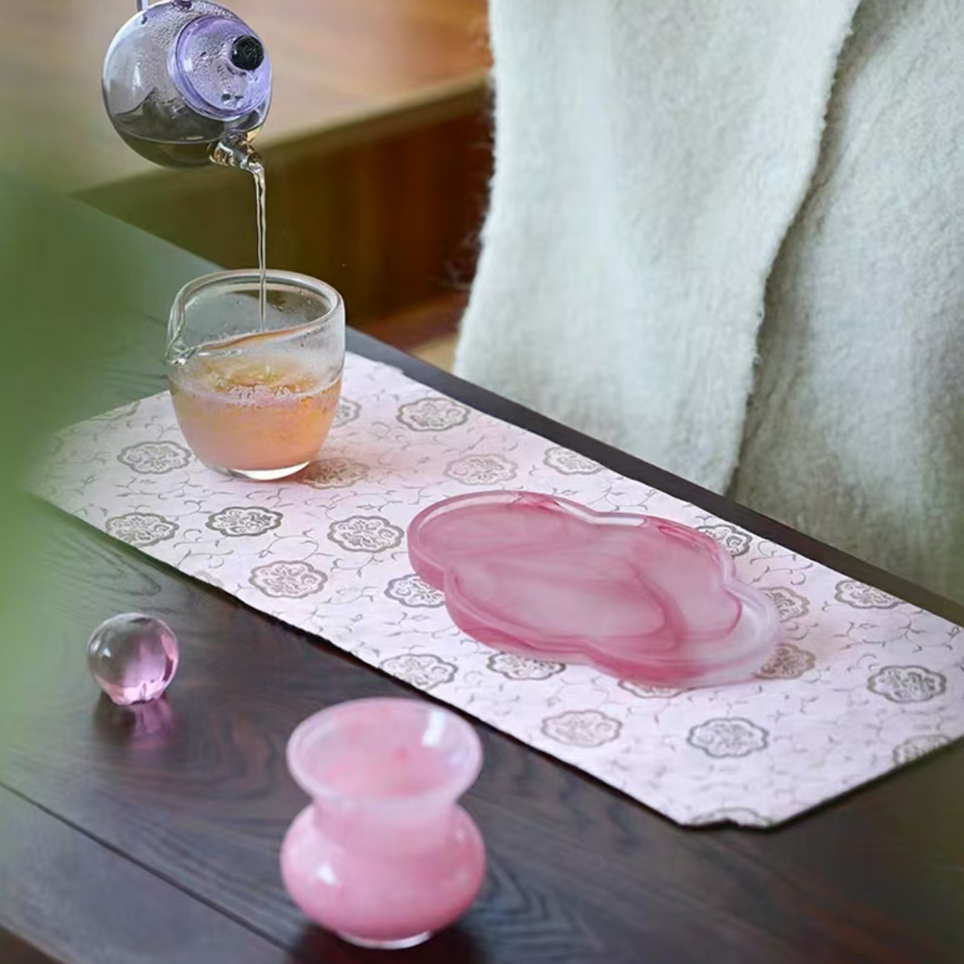 Household Ink Pot Bearing Frosted Glass Begonia Dry Soaking Table Pink Splash Ink Zen Tray Tea Set Accessories Small Tea Tray