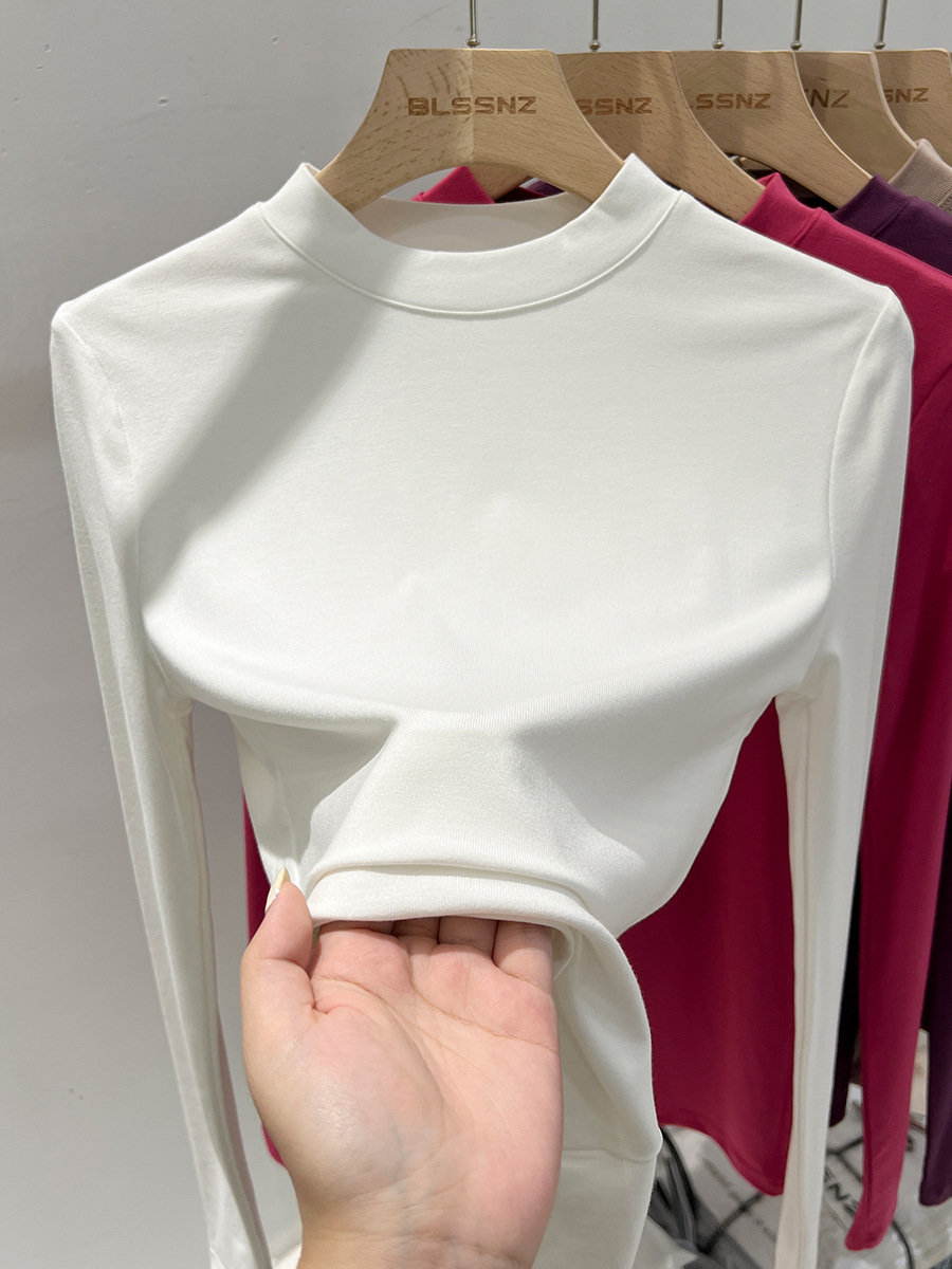 Small stand collar white cotton long-sleeved T-shirt women's spring slim-fit slimming bottoming shirt women's inner foreign-style thin top