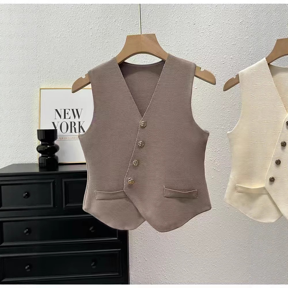Knitted Vest Women's Summer French Retro V Neck Slim Sleeveless Suit Vest Chic Asymmetrical Top