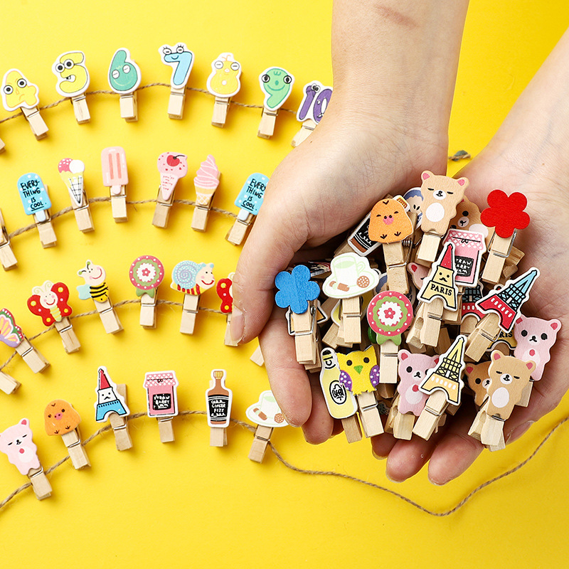 Kindergarten Classroom Photo Wooden Clip Colorful Cute Wooden Clip Wall Hanging Decorative Note Hemp Rope Clip Set Wholesale