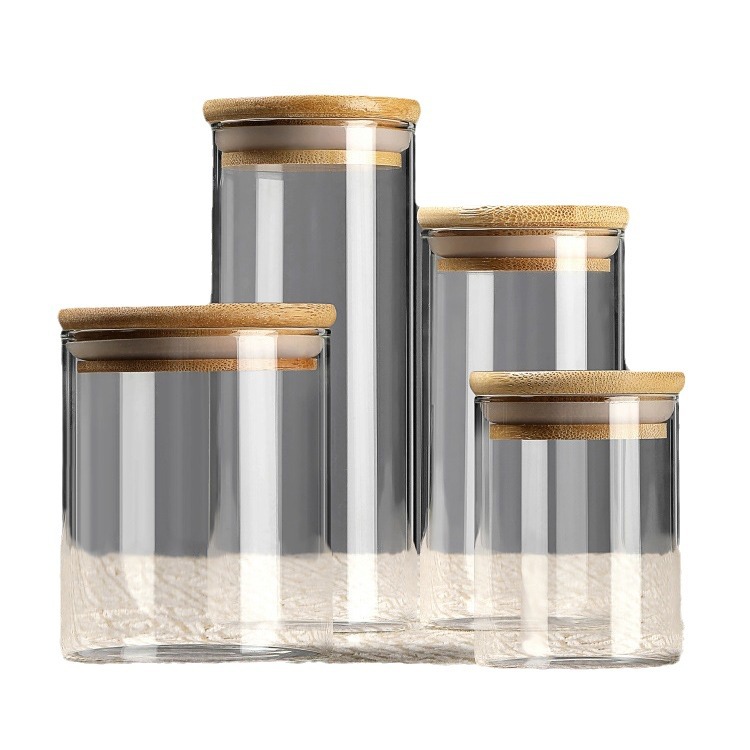 Round Bamboo Lid Glass Sealed Jar High Borosilicate Straight Coffee Bean Tea Storage Jar Dried Fruit Grain Storage Jar