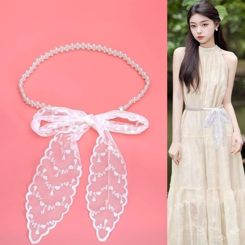 Summer White Lace Dress for Women with Bow Tie, Pearl Scarf Tie, Elastic Waist Decoration Belt