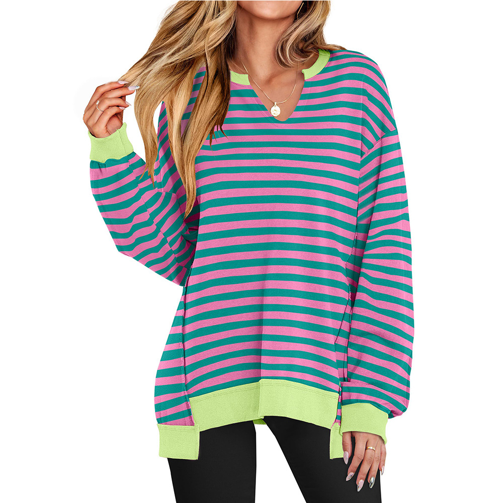Amazon 2025 European and American Cross-Border Export Autumn and Winter New Colorful Stripesd V Neck Loose Sweatshirt Sweatshirt for Women