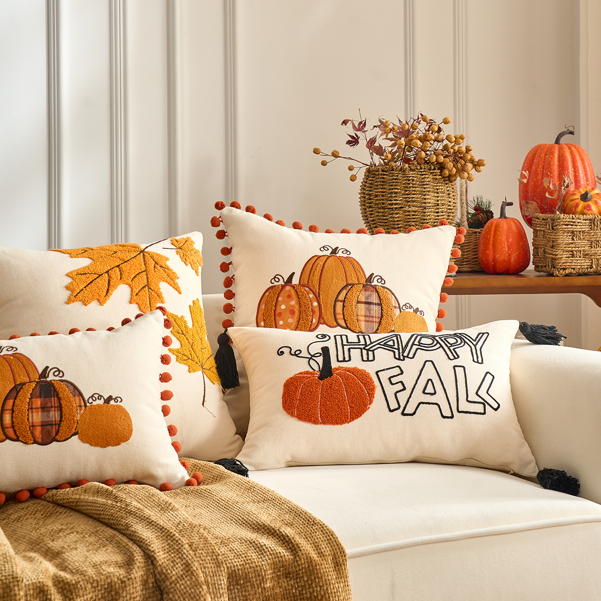 Popular Temu Cross-Border Pc Autumn Maple Leaf Pumpkin Pillowcase Thanksgiving Decoration Living Room Sofa Cushion Cover