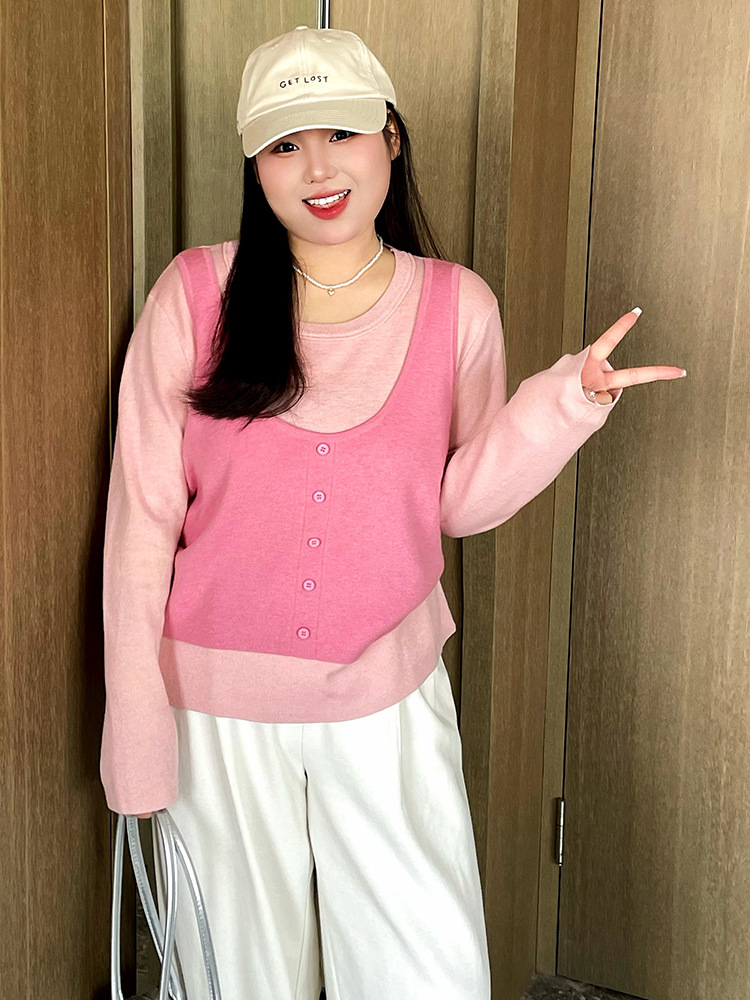 Plus Size Women's Color-Blocked Faux Two-Piece Sweater, Women's Sweater, 2025 Autumn Style, Casual Loose Knitwear for Chubby Girls 22825