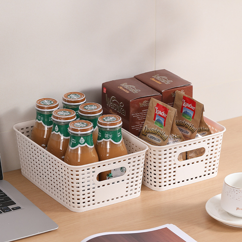 Plastic Hollow Woven Storage Basket Toy Book Desktop Plaid with Bamboo Lid Stackable Storage Basket Wholesale