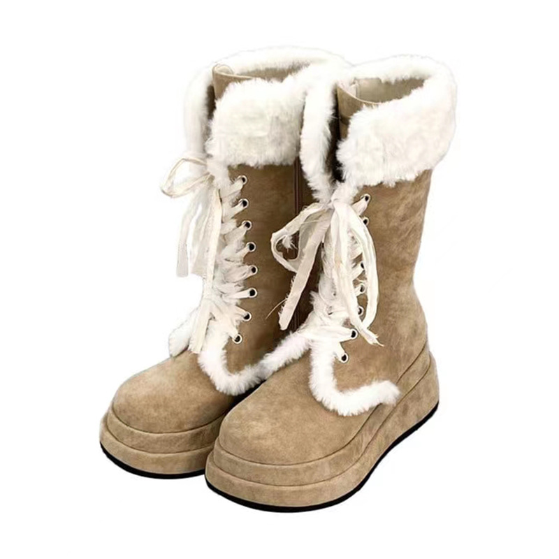 Furry Snow Boots for Women 2025 Winter New Retro Thick-Soled Fleece-Lined Knight Boots Warm Mid-Calf Martin Strappy Boots