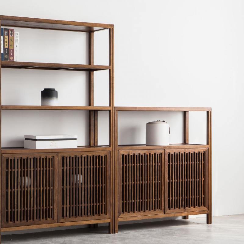 New Chinese Style Solid Wood Bogu Shelf Bookcase Study Low Cabinet Display Cabinet Tea Rack Black Walnut Storage Rack Zen Furniture